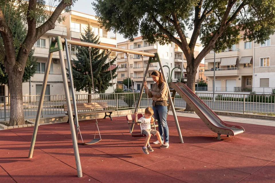 Παιδί κάθεται σε κούνια με έναν γονέα δίπλα του, σε παιδική χαρά με τσουλήθρα, δέντρα και κόκκινο ελαστικό δάπεδο.