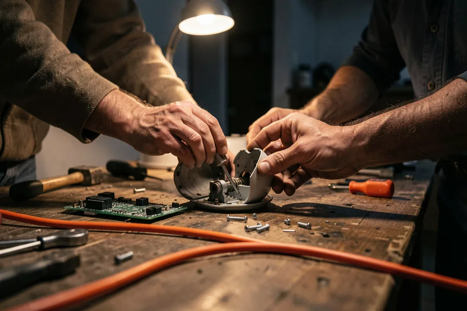 Κοντινό στον πάγκο: δύο ζευγάρια χέρια πάνω από μια λυμένη οικιακή συσκευή, με εργαλεία και μια πλακέτα δίπλα και το πορτοκαλί καλώδιο της μπαλαντέζας να διασχίζει το κάδρο.