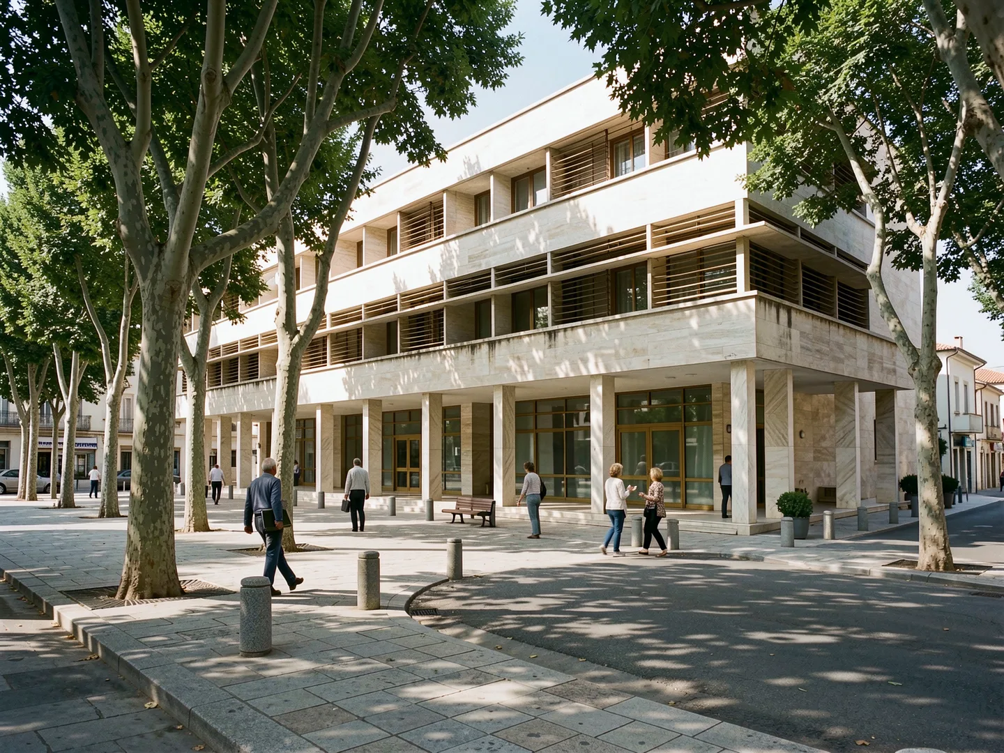 Το δημαρχείο της Νέας Πόλης, ανάμεσα στα δέντρα της πλατείας.